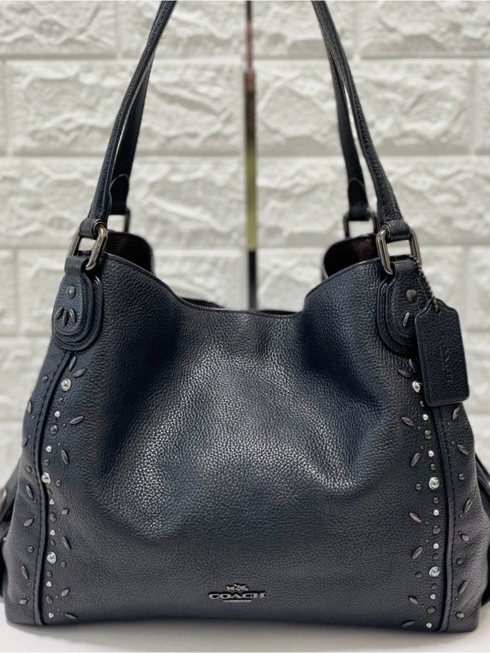 NEW Coach Black Pebbled Leather Studded Shoulder Bag